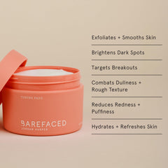 Barefaced Toning Pads con ácidos glicólico y salicílico, exfoliación suave.
