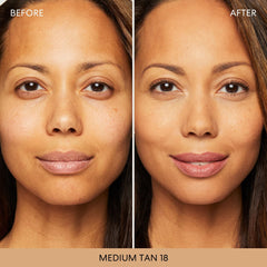 Aplicación con brocha de BareMinerals polvo, cobertura ajustable y natural.