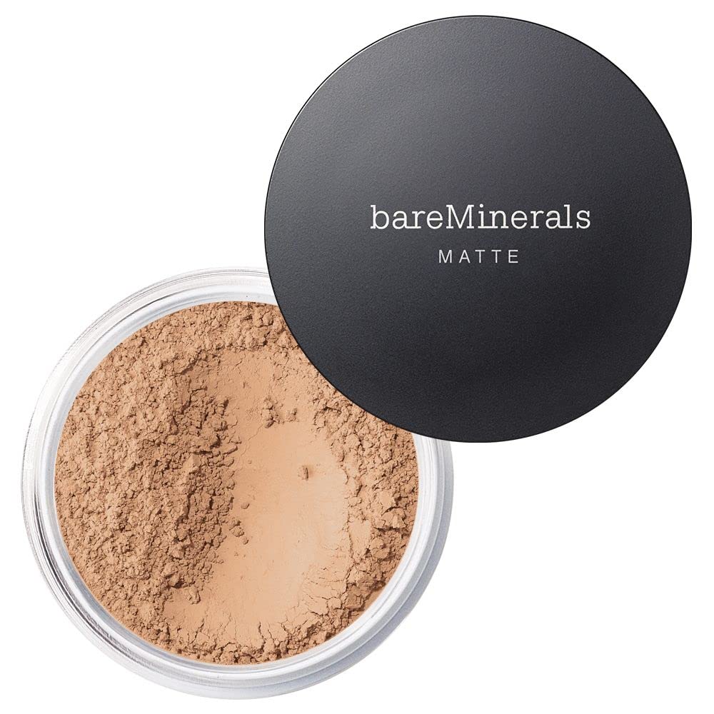 bareMinerals base mineral suelta mate SPF 15, frasco visible, acabado suave.