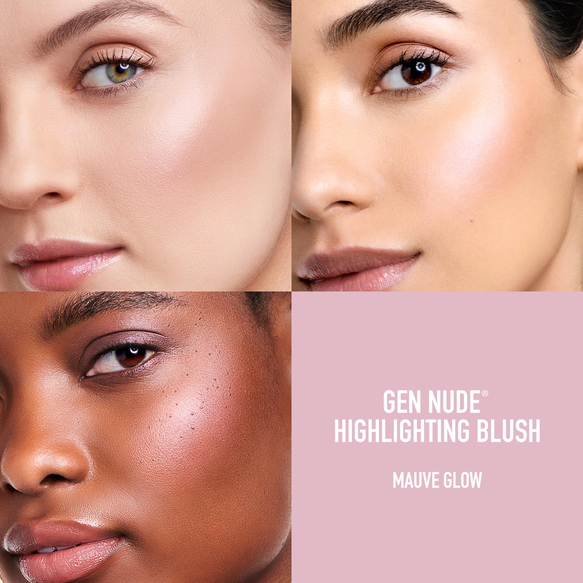 bareMinerals Gen Nude Iluminador Rubor Mauve Glow, fórmula limpia sin talco ni gluten.