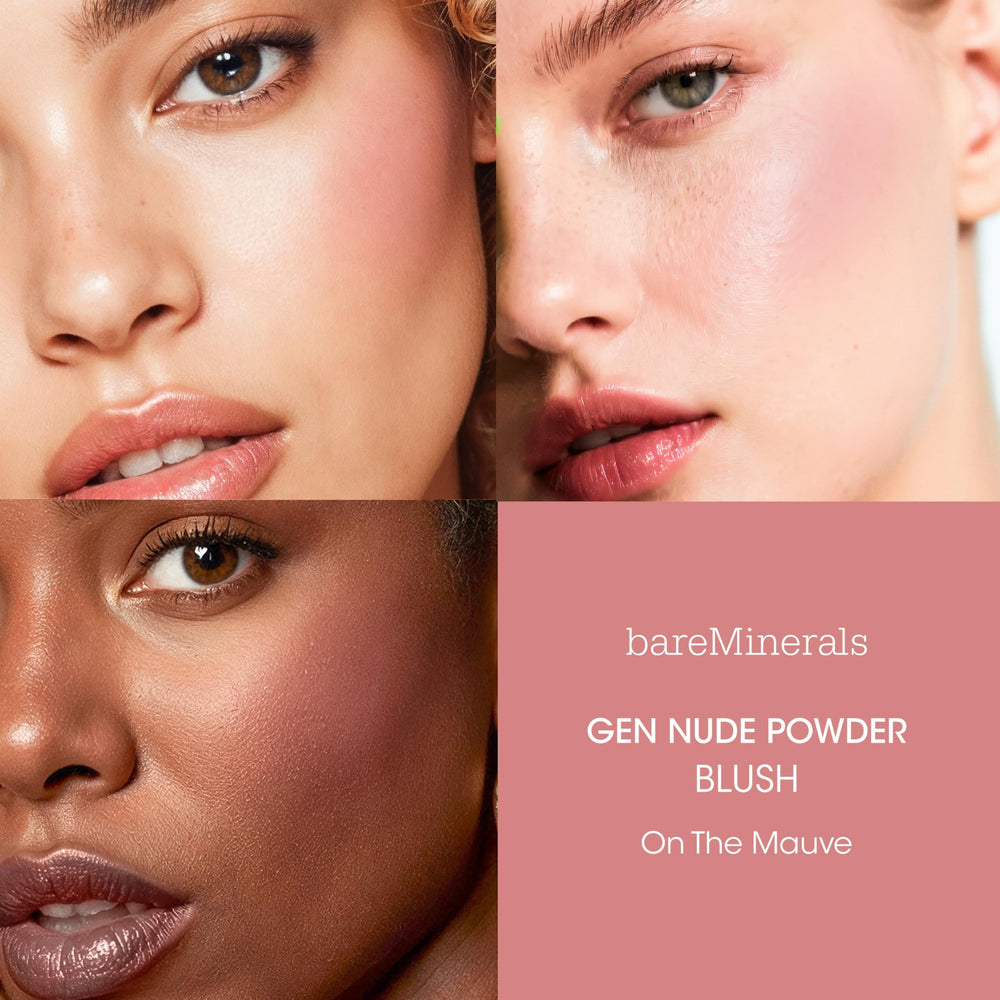 BareMinerals Gen Nude Poudre Blush teinte mauve sur la peau, éclat doux.