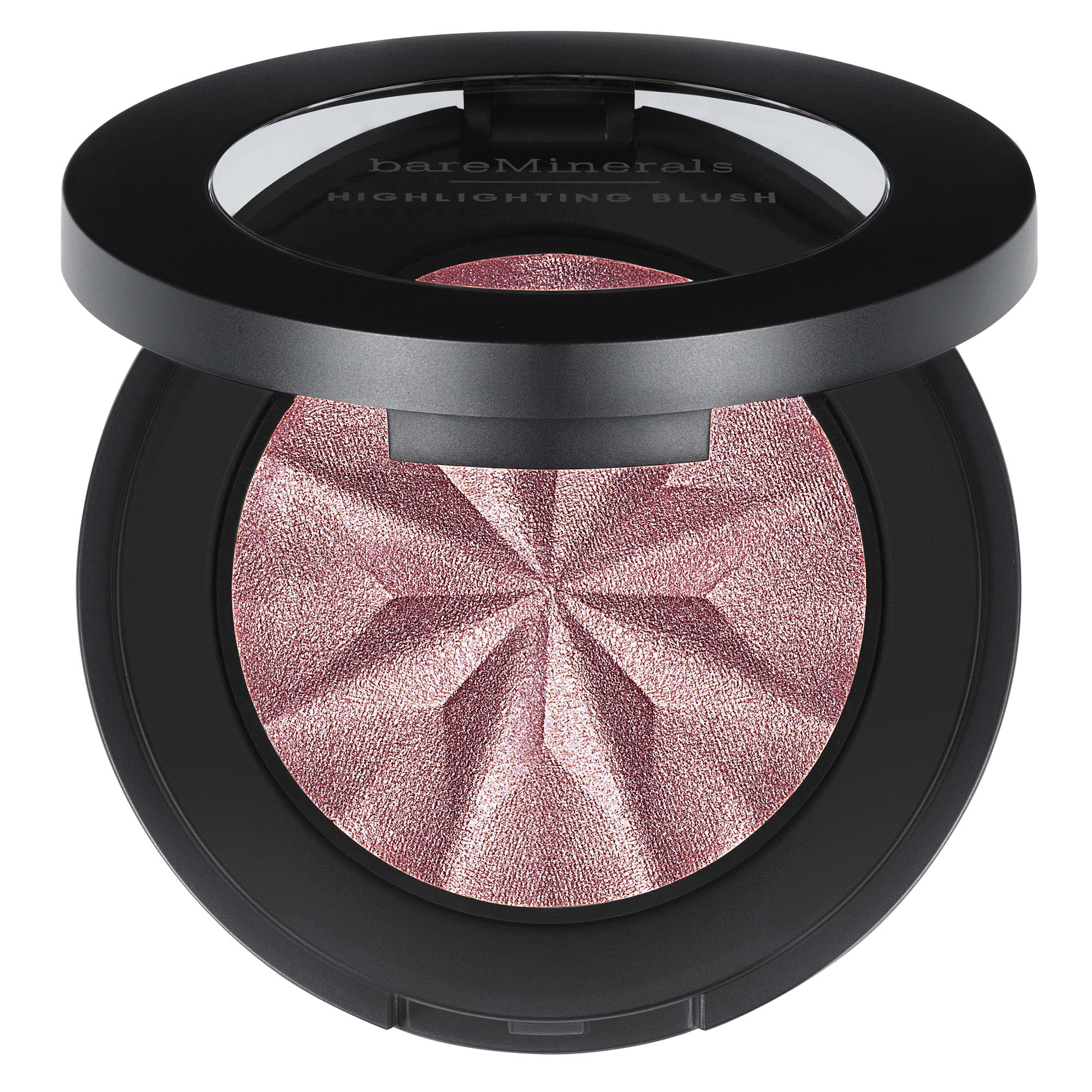 bareMinerals Gen Nude Iluminador Rubor Mauve Glow en compacto, resaltando pómulos con brillo suave.