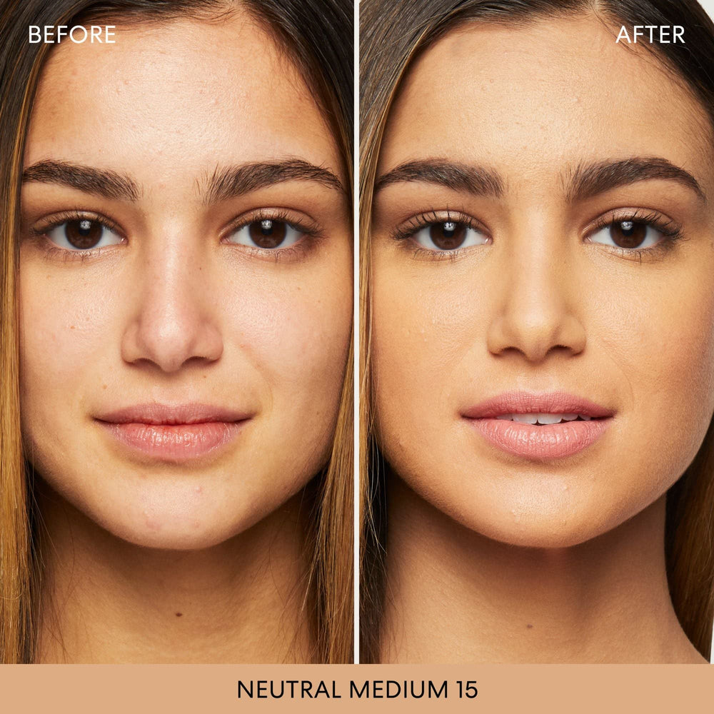 Muestra de tono Neutral Medio 15 del bareMinerals Original Polvo Suelto SPF 15 para coincidencia de color.