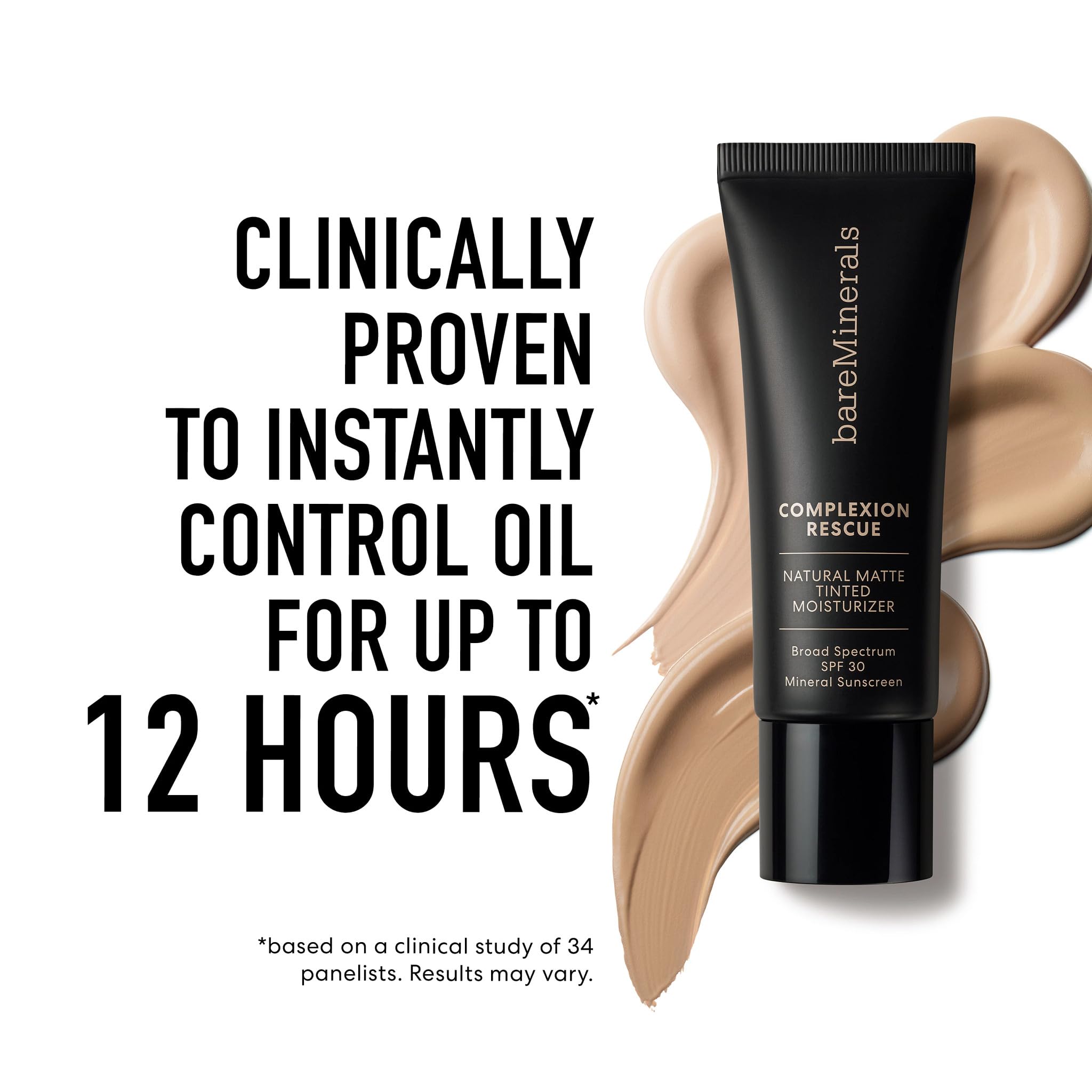 BareMinerals Complexion Rescue probado por dermatólogos, fórmula no comedogénica y vegana.