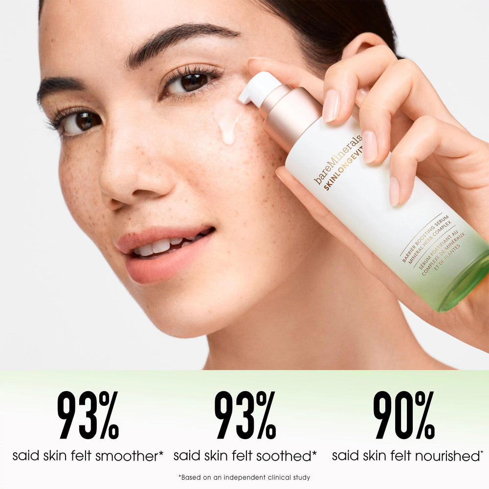 bareMinerals Skinlongevity serum hidratación sostenida, piel más suave a lo largo del día.