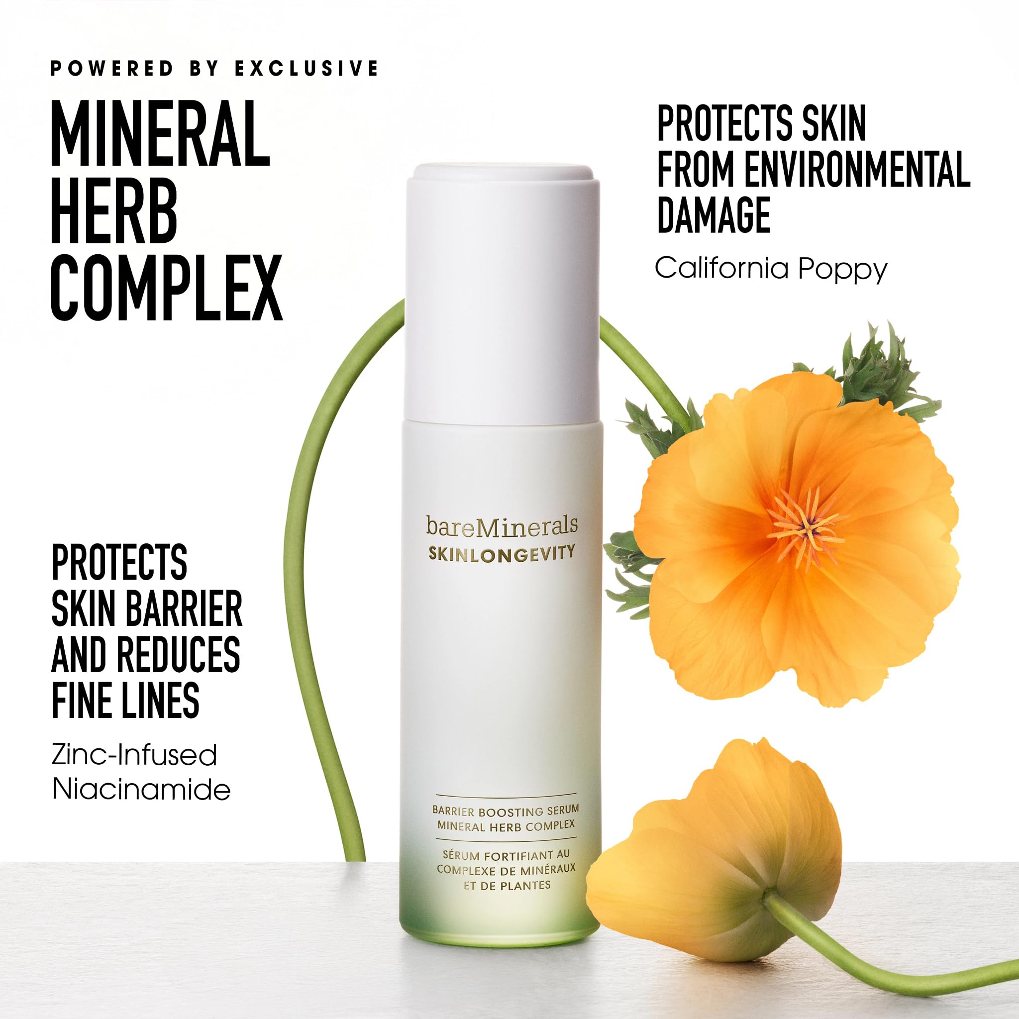 bareMinerals Skinlongevity serum reparación de la barrera, apoyo para piel sensible.