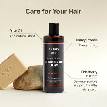 Barrel & Oak acondicionador sin enjuague, textura crema, cabello más suave y manejable.