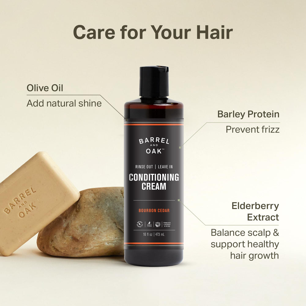 Barrel & Oak acondicionador sin enjuague, textura crema, cabello más suave y manejable.