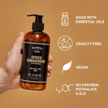 Barrel & Oak aroma de sándalo y ámbar con notas marinas para ducha refrescante.