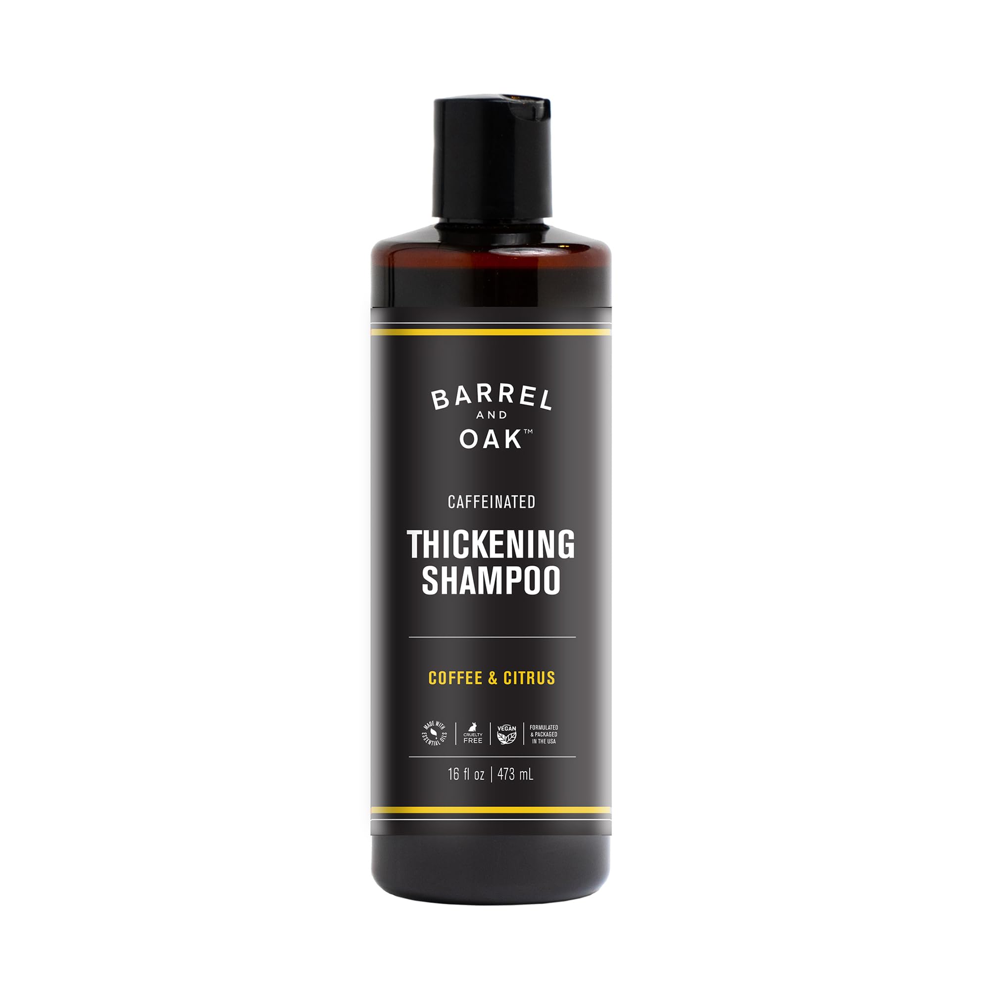 Barrel & Oak champú cafeína para cabello, botella visible, cabello más lleno tras uso diario.