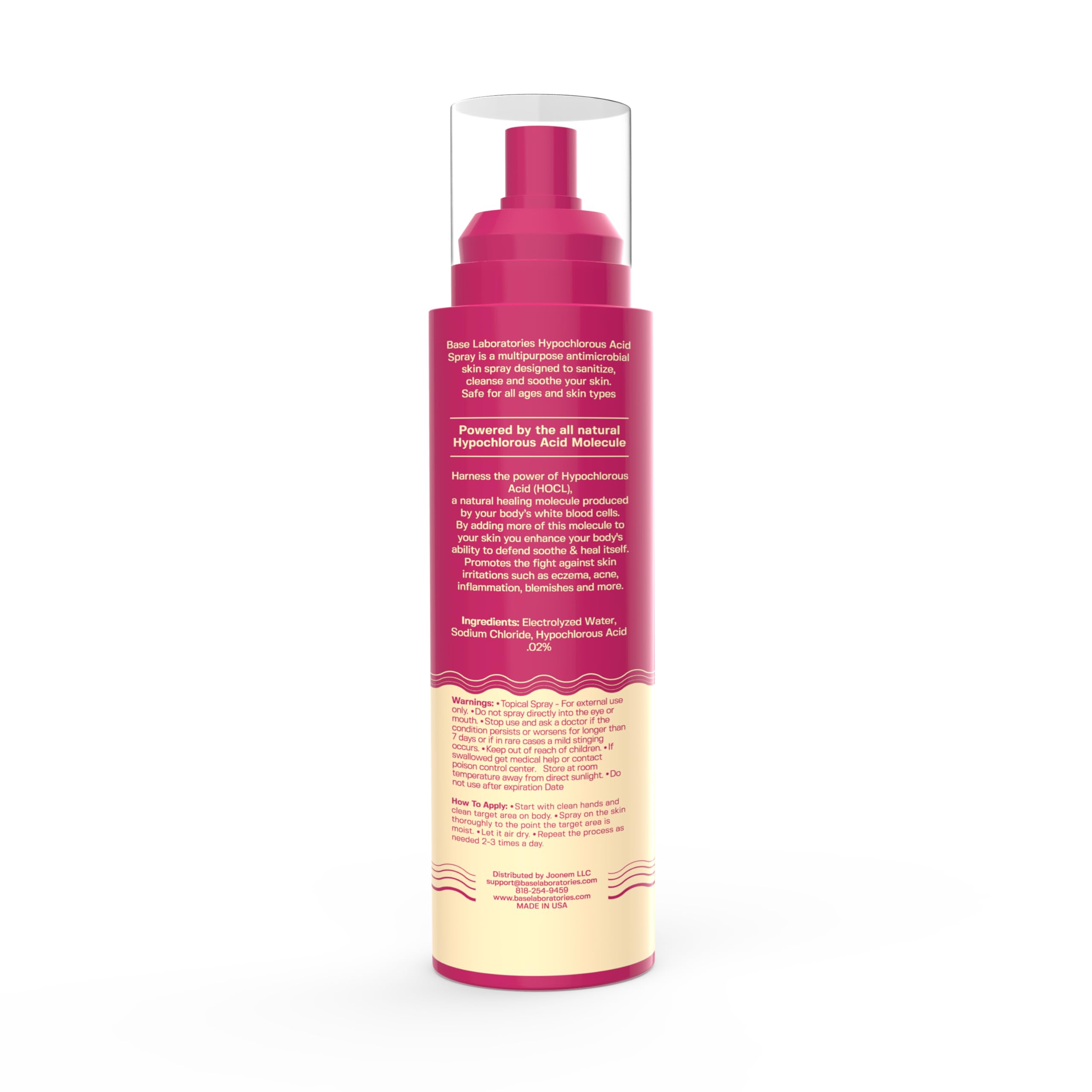 BASE LABORATORIES spray hipocloroso para piel, ayuda a equilibrar el pH suave.