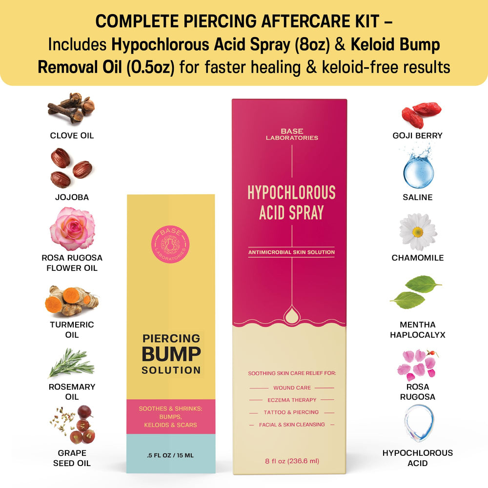 Base Labs gotas aceite bulto piercing queloide, aplicación rápida y precisa.
