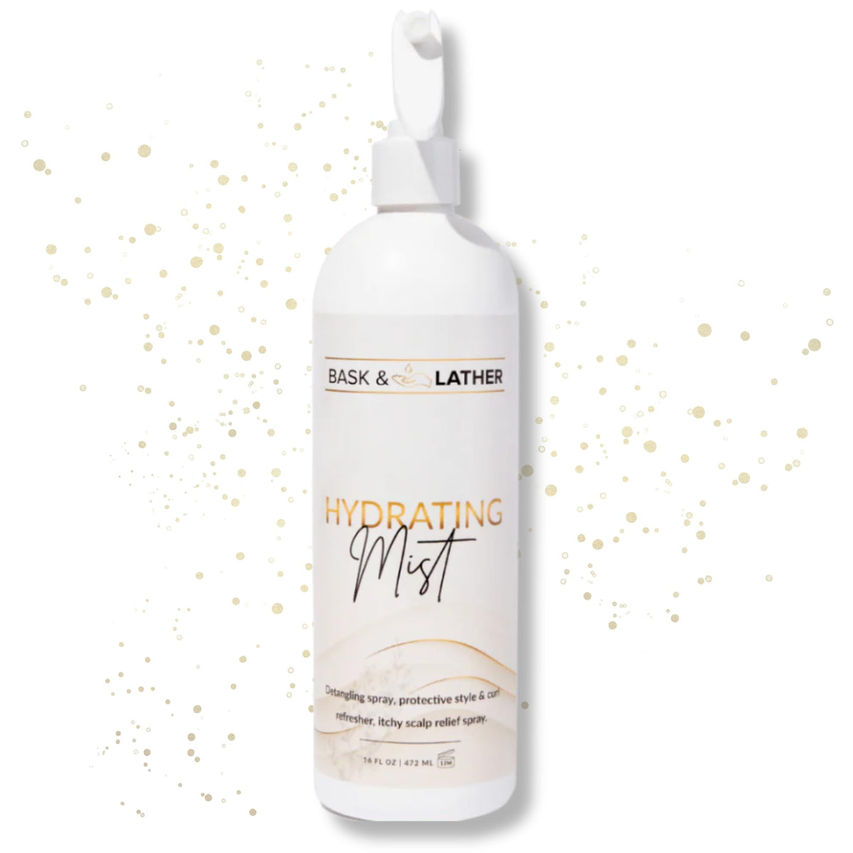 BASK & LATHER Hydrating Hair Mist bottle; detangles and soothes itchy scalp.
