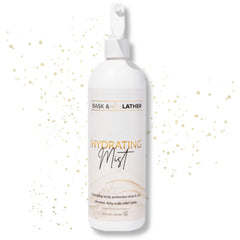 BASK & LATHER Hydrating Hair Mist bottle; detangles and soothes itchy scalp.
