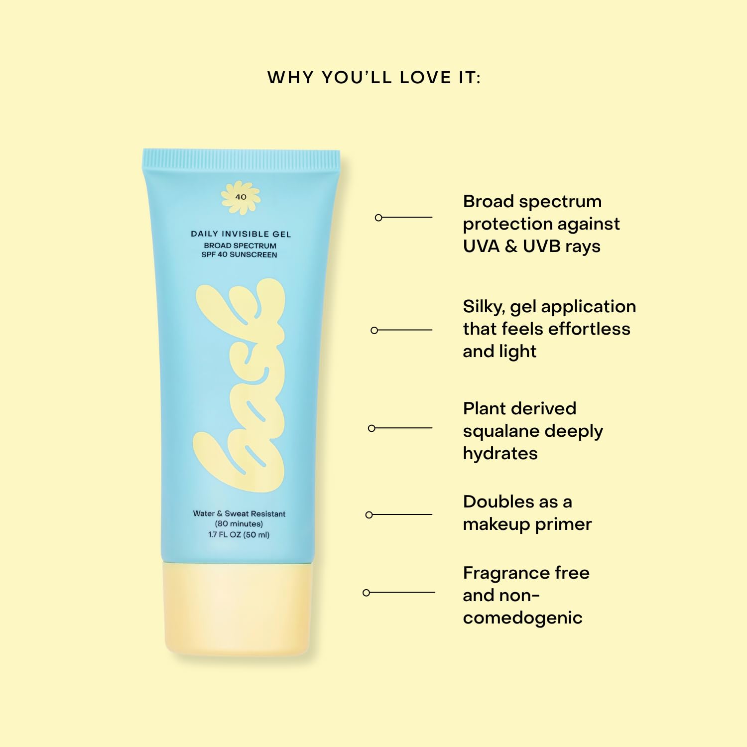 Bask Suncare SPF 40 con hidratación de squalane para piel suave.