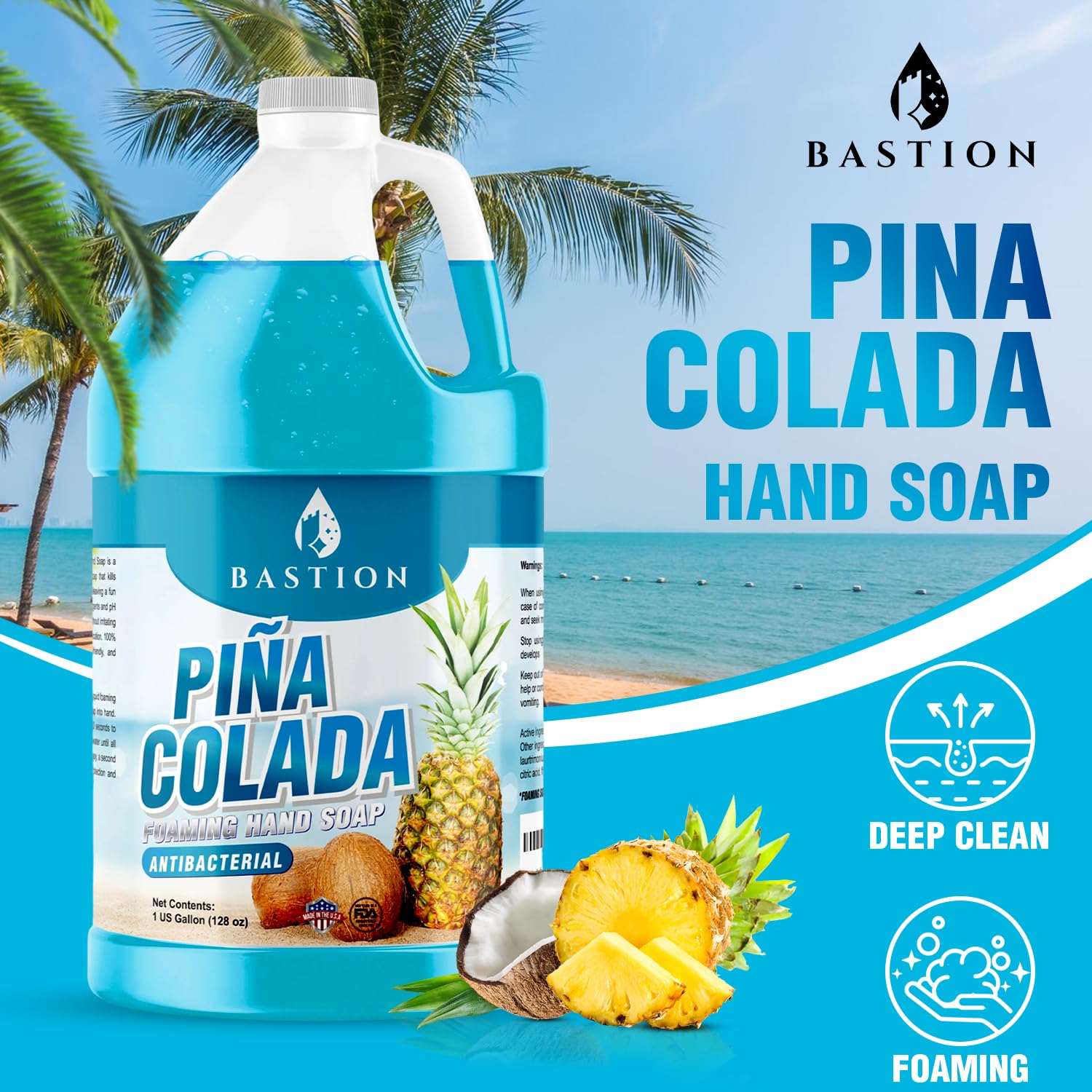 Aroma tropical Piña Colada en el jabón Bastion, ideal para baños y oficinas.