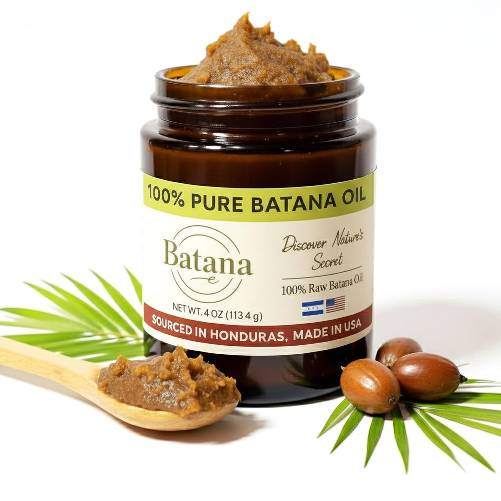 BatanaCo aceite crudo de Honduras en botella ámbar para conservar nutrientes del cabello