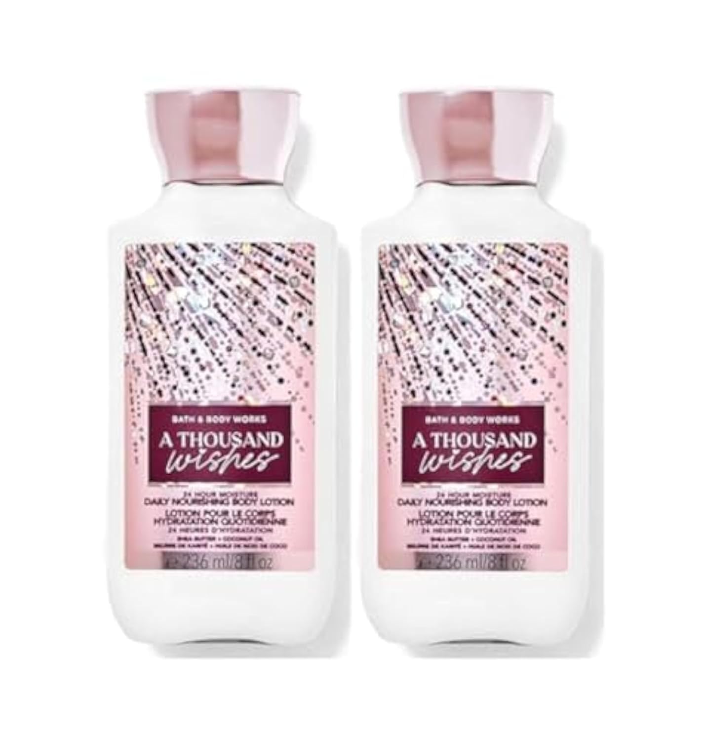 Loción Bath & Body Works A Thousand Wishes en botella, hidratación suave y fragancia duradera.