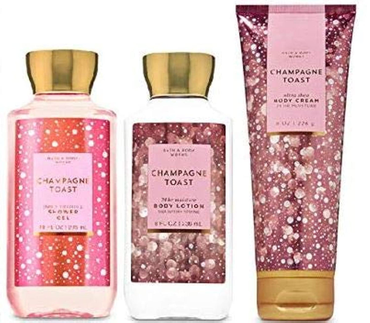 Bath & Body Works Champagne Toast body lotion bottle for hydrated skin and fragrant scent.