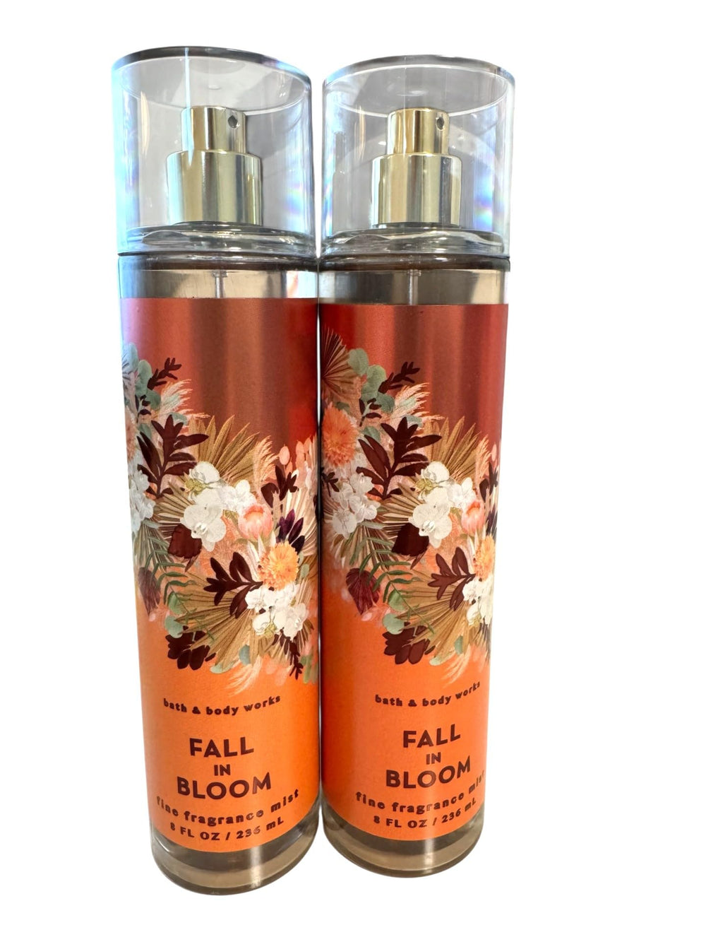 Bath & Body Works Fall in Bloom mist bottle on vanity, great for layering scents