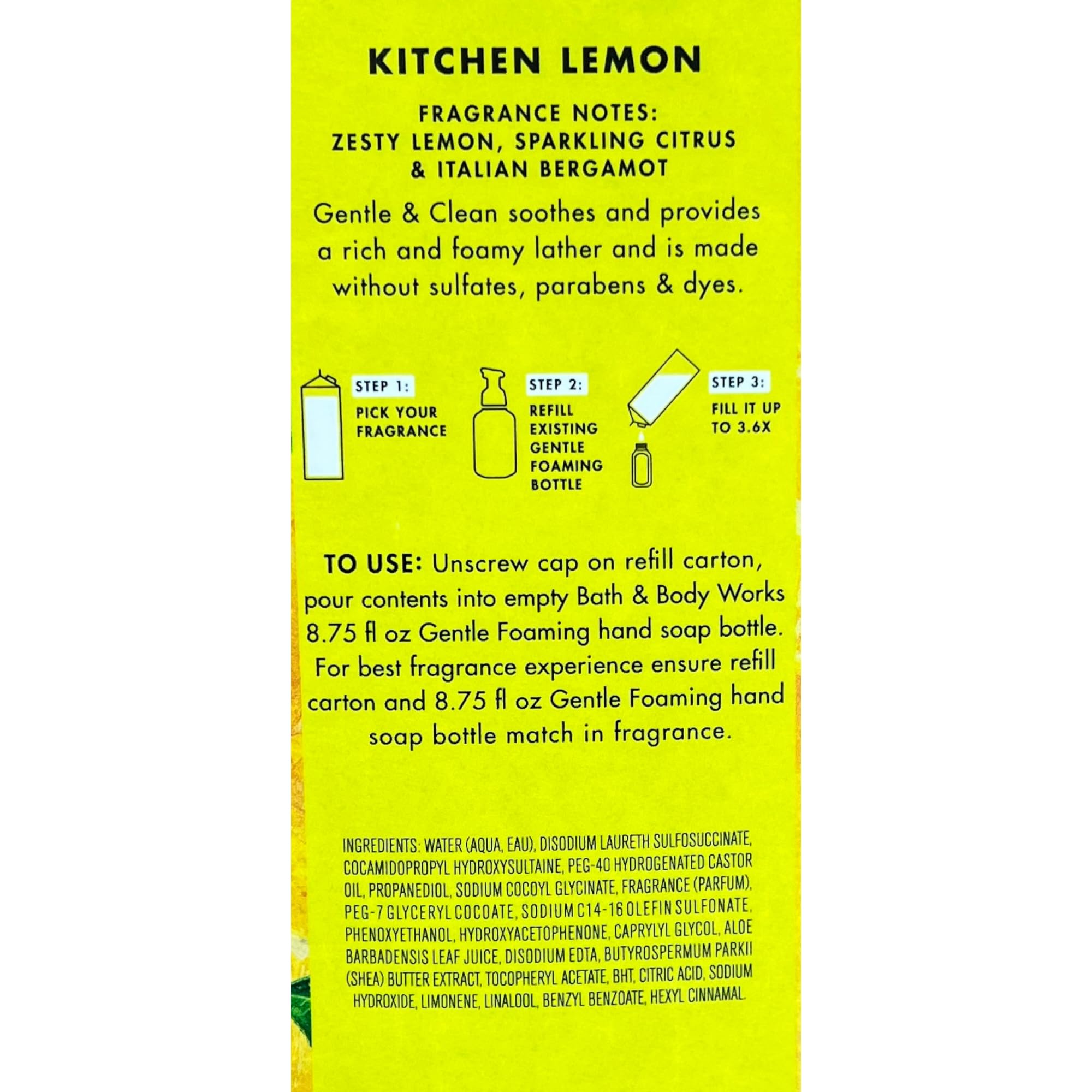 Bath & Body Works Kitchen Lemon pompe senteur, expérience mousse légère et lavage efficace.