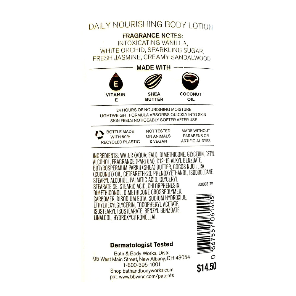 Bath & Body Works loción vainilla cálida, notas aromáticas para uso diario.