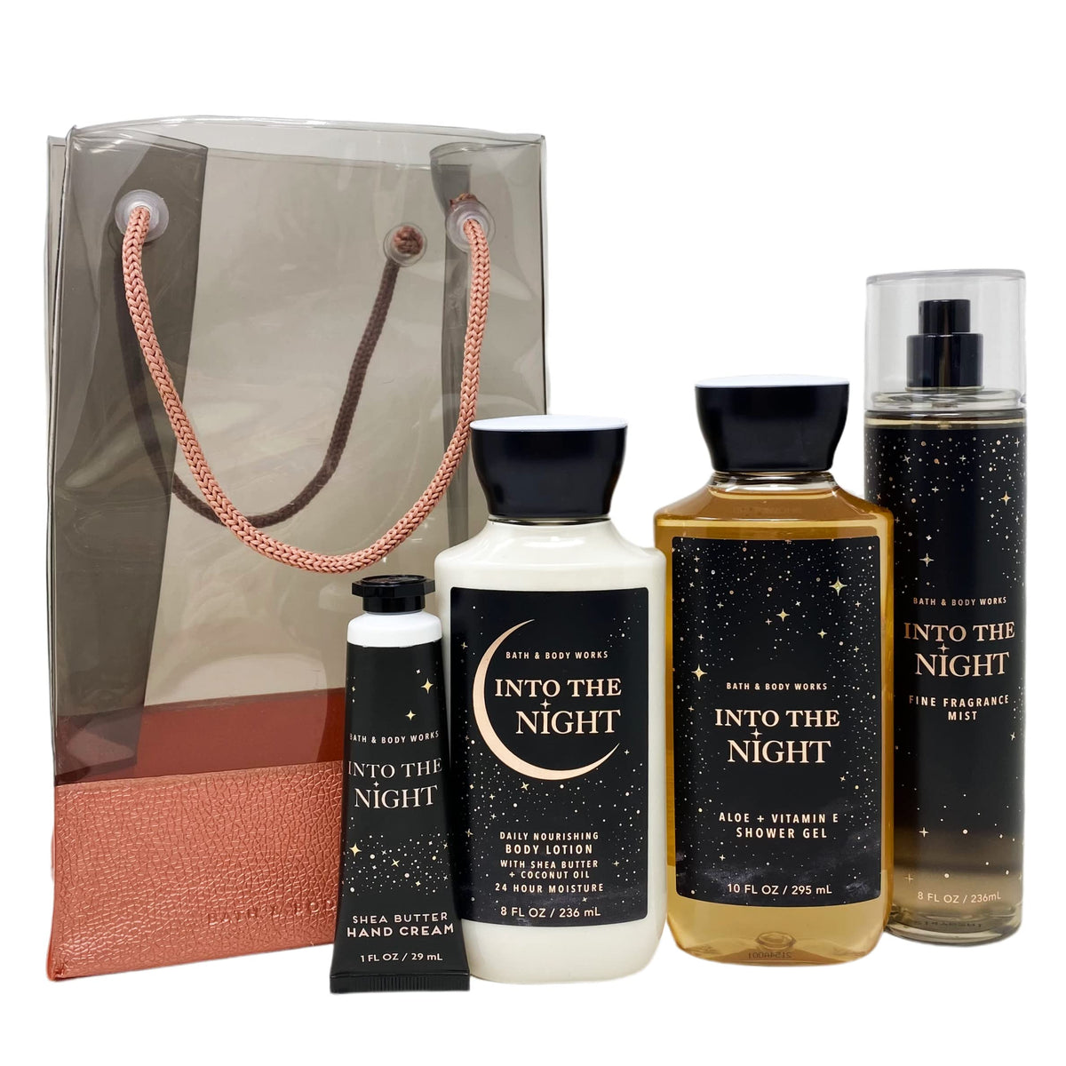 Bath & Body Works Nuit Intense dans un sac cadeau transparent, prêt à offrir.