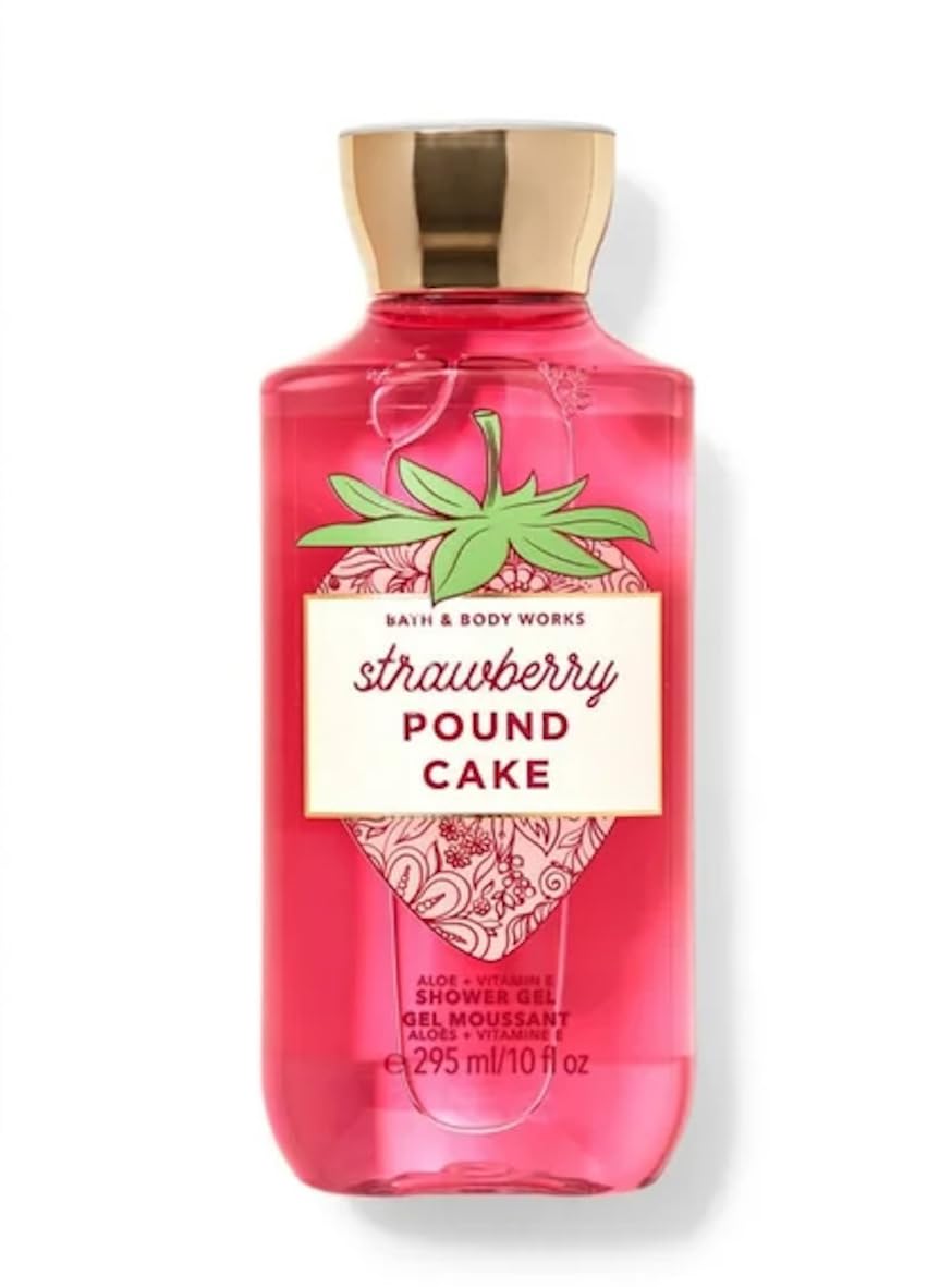 Botella Bath & Body Works gel de ducha con aroma pastel de fresa para piel suave.