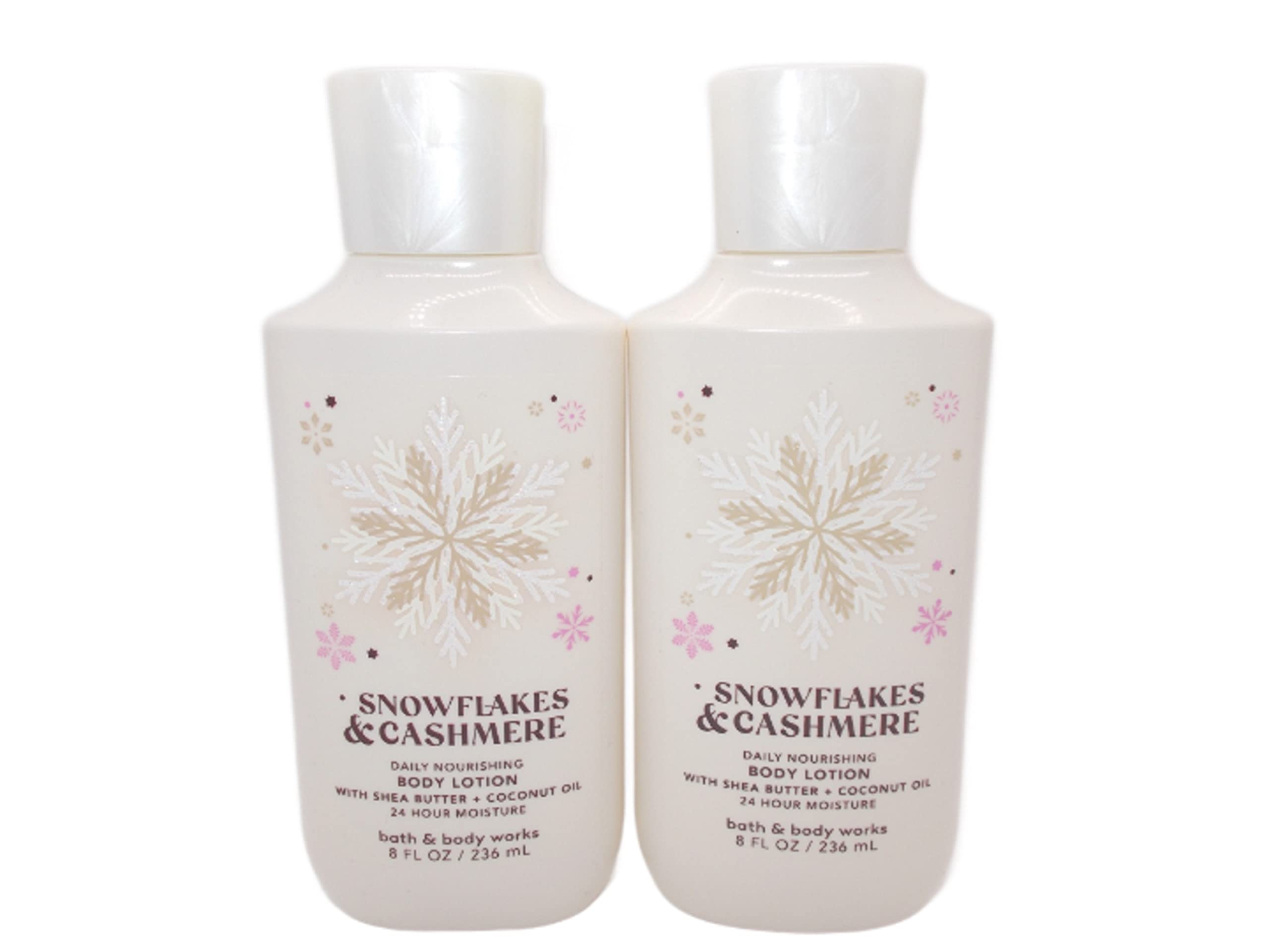 Bath & Body Works Snowflakes & Cashmere, dos botellas de 8 oz para hidratación rápida y aroma envolvente