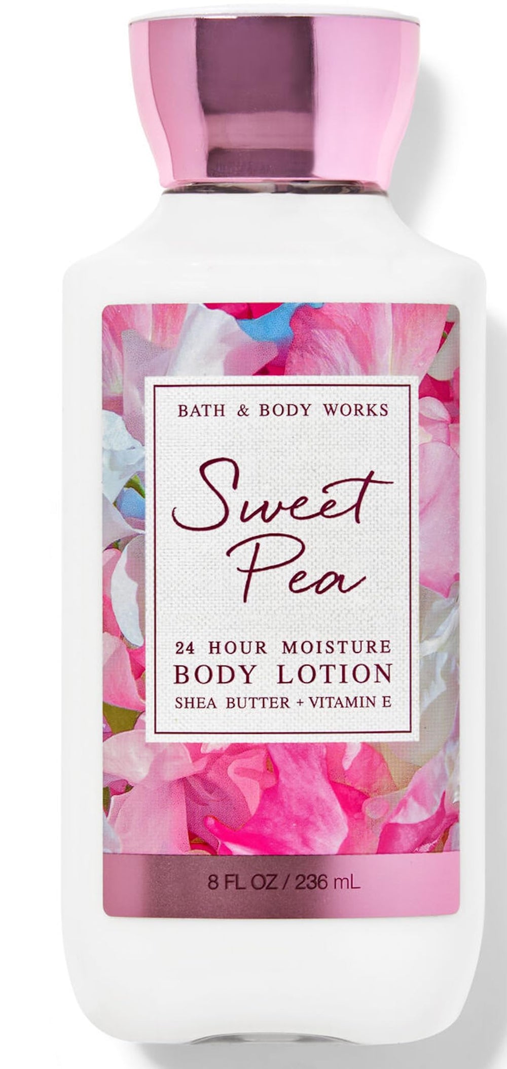 Bath & Body Works Sweet Pea bottle pour; quick absorption for lasting moisture.