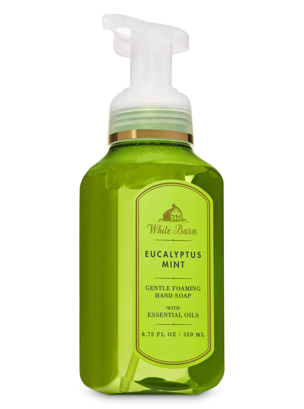 Bath & Body Works White Barn, botella de jabón espumoso con eucalipto y menta para una limpieza refrescante.