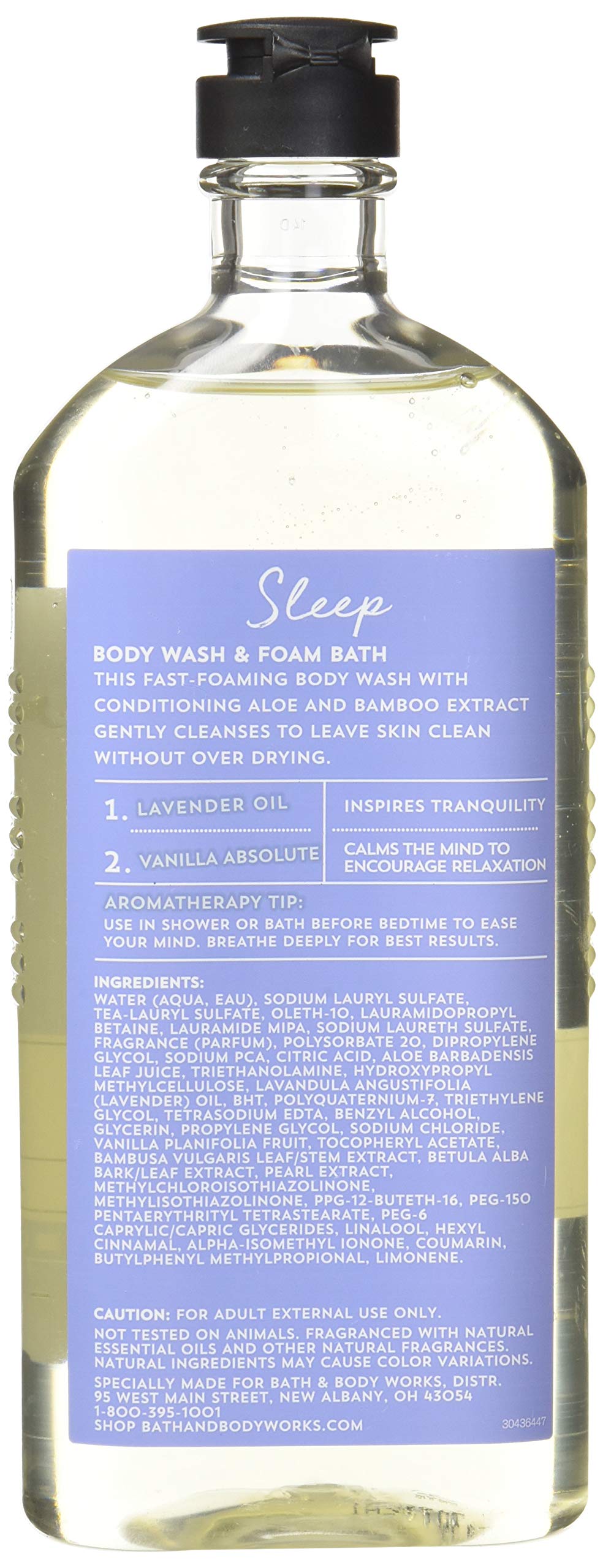 Bath & Body Works Aromaterapia Sueño Lavanda Vainilla, primer plano de la botella con espuma densa y cremosa.