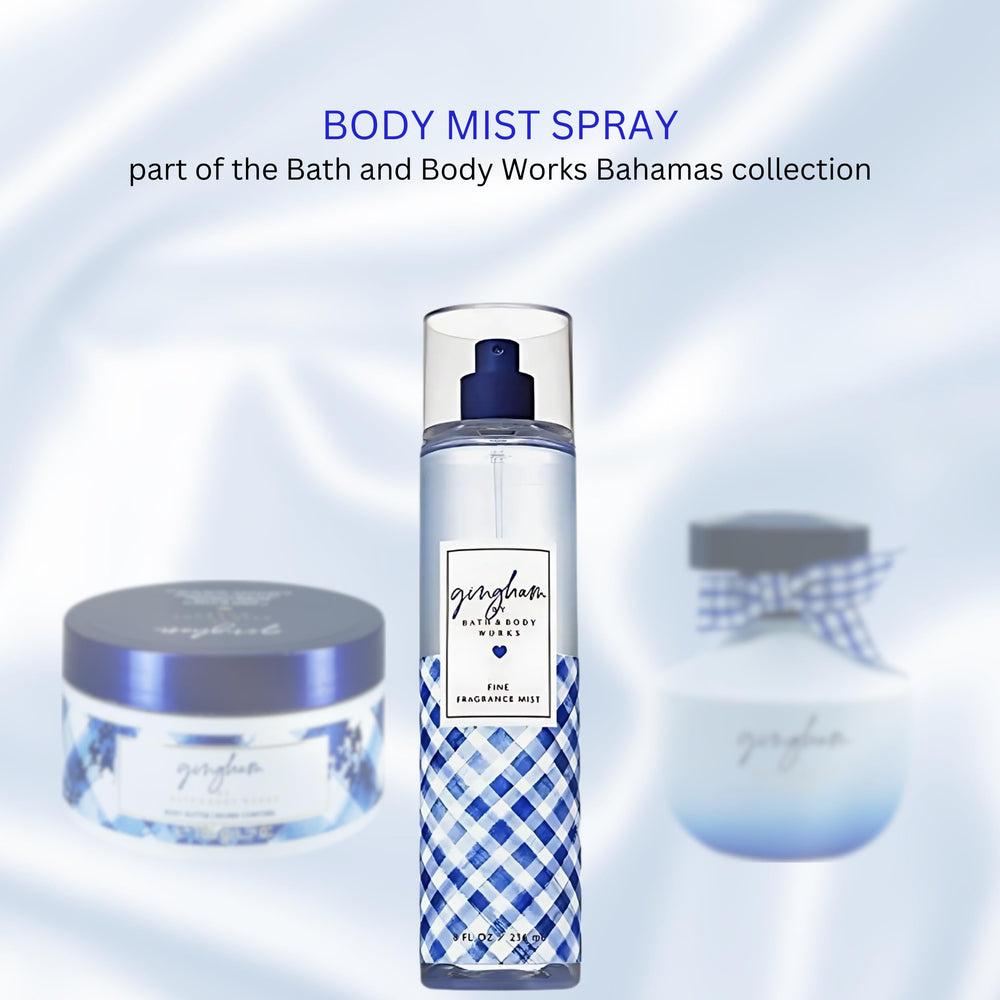 Bath & Body Works Bruma corporal Gingham, detalle del frasco y marca