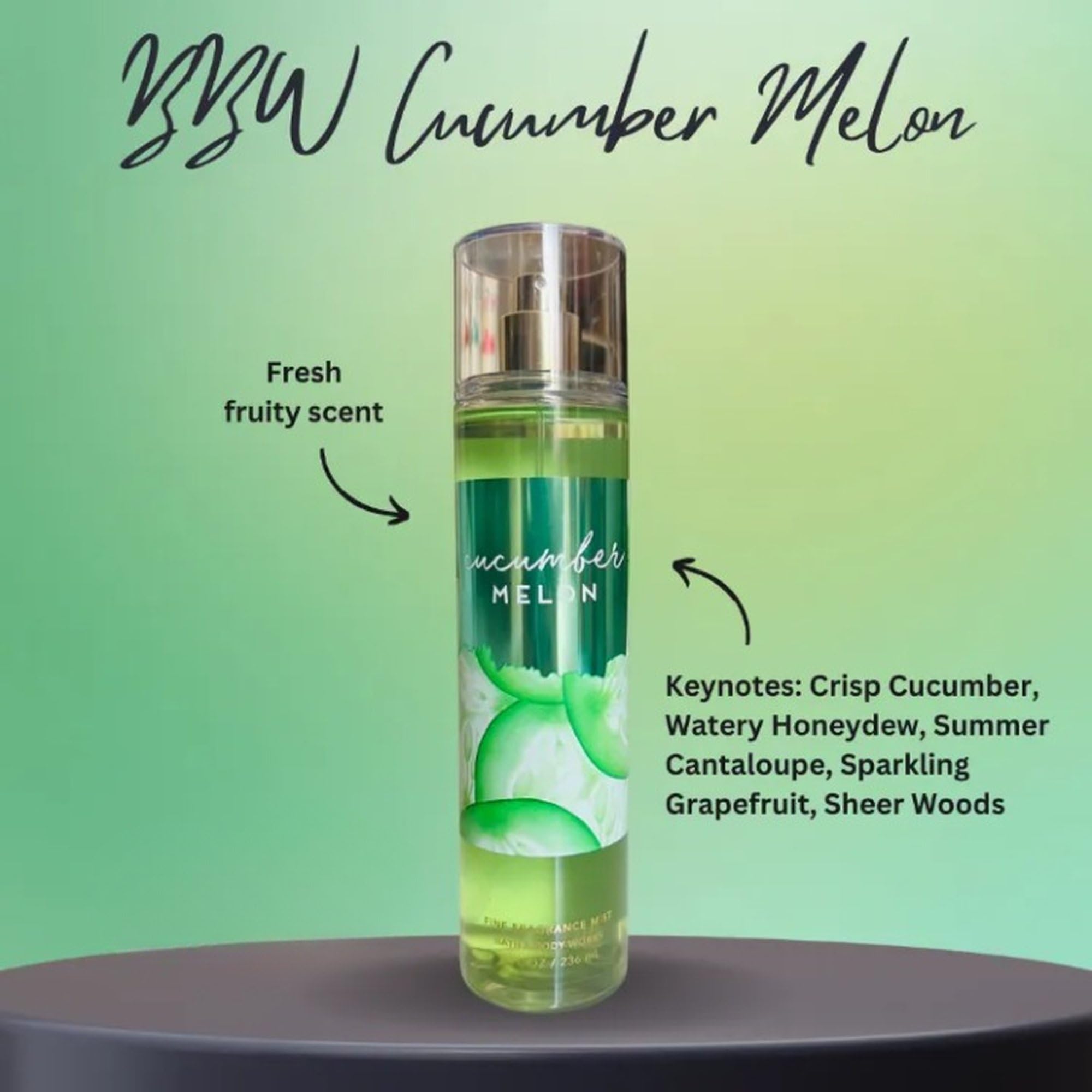 Bath & Body Works Pepino y Melón bruma fragancia muestra en mano uso rápido