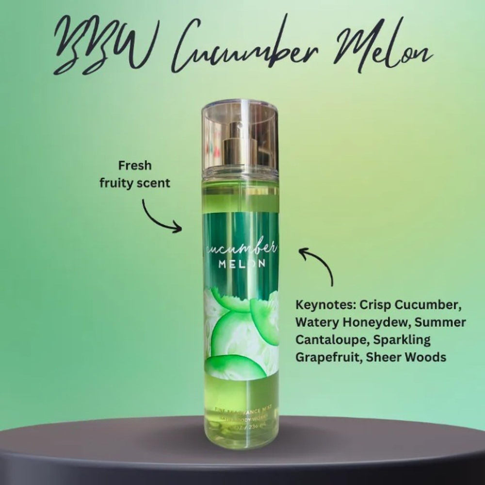 Bath & Body Works Pepino y Melón bruma fragancia muestra en mano uso rápido