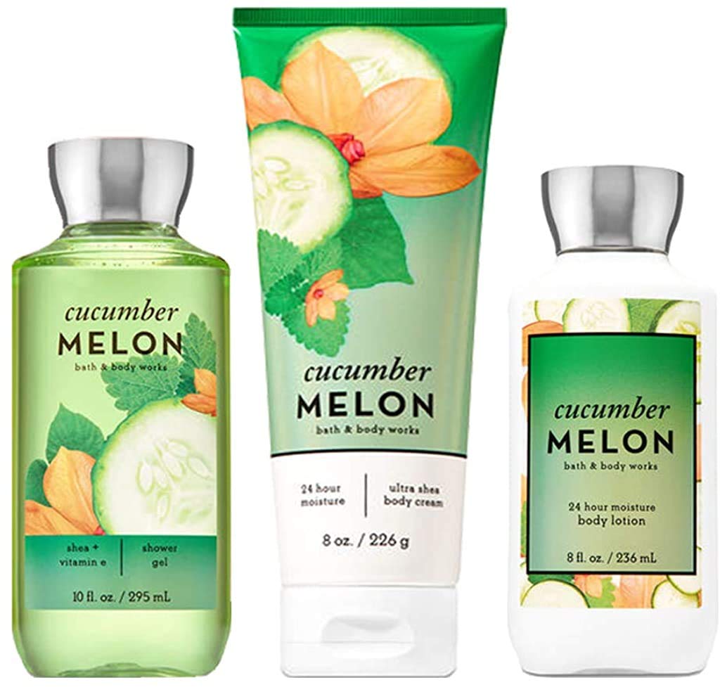Bath & Body Works Cucumber Melon Trio: hidratación suave y fragancia fresca para la piel.