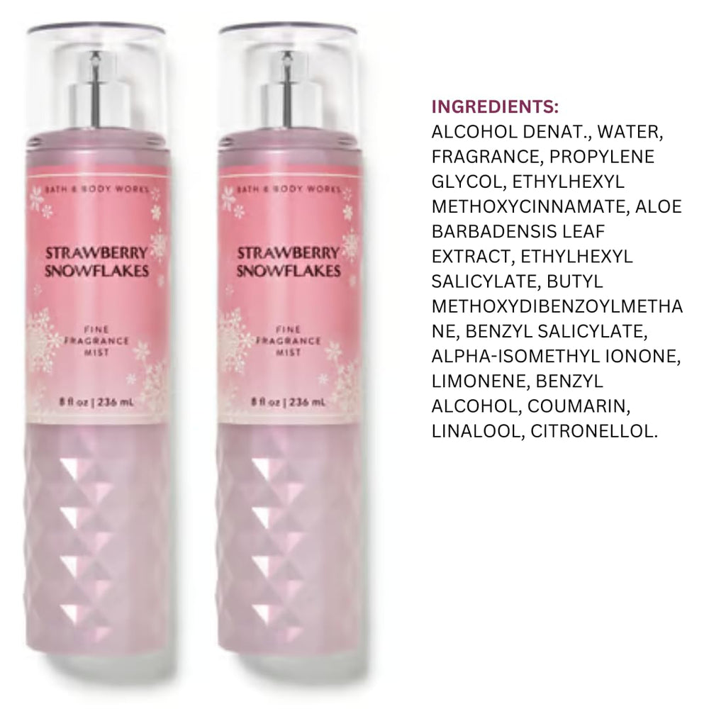 Bath & Body Works Strawberry Snowflakes: etiqueta colorida que destaca fragancia dulce.