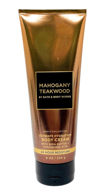 Bath & Body Works Hyaluronic Acid Body Cream for Men Mahogany Teakwood bottle front view delivering lasting moisture