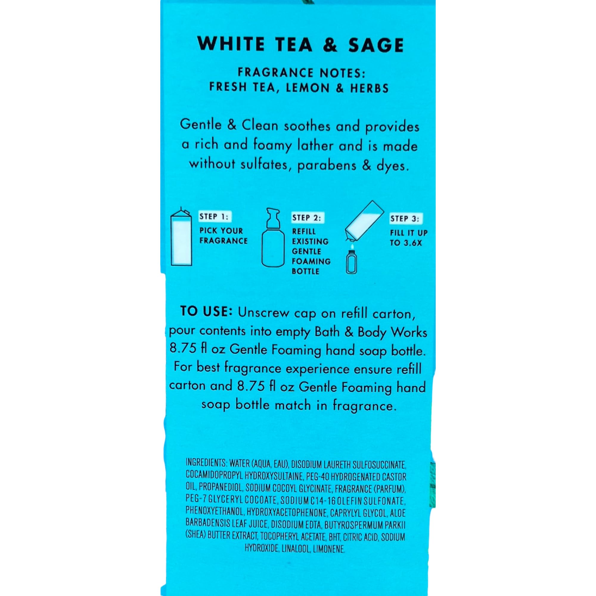 Bath & Body Works White Tea & Sage: etiqueta y empaque que destacan la fragancia fresca