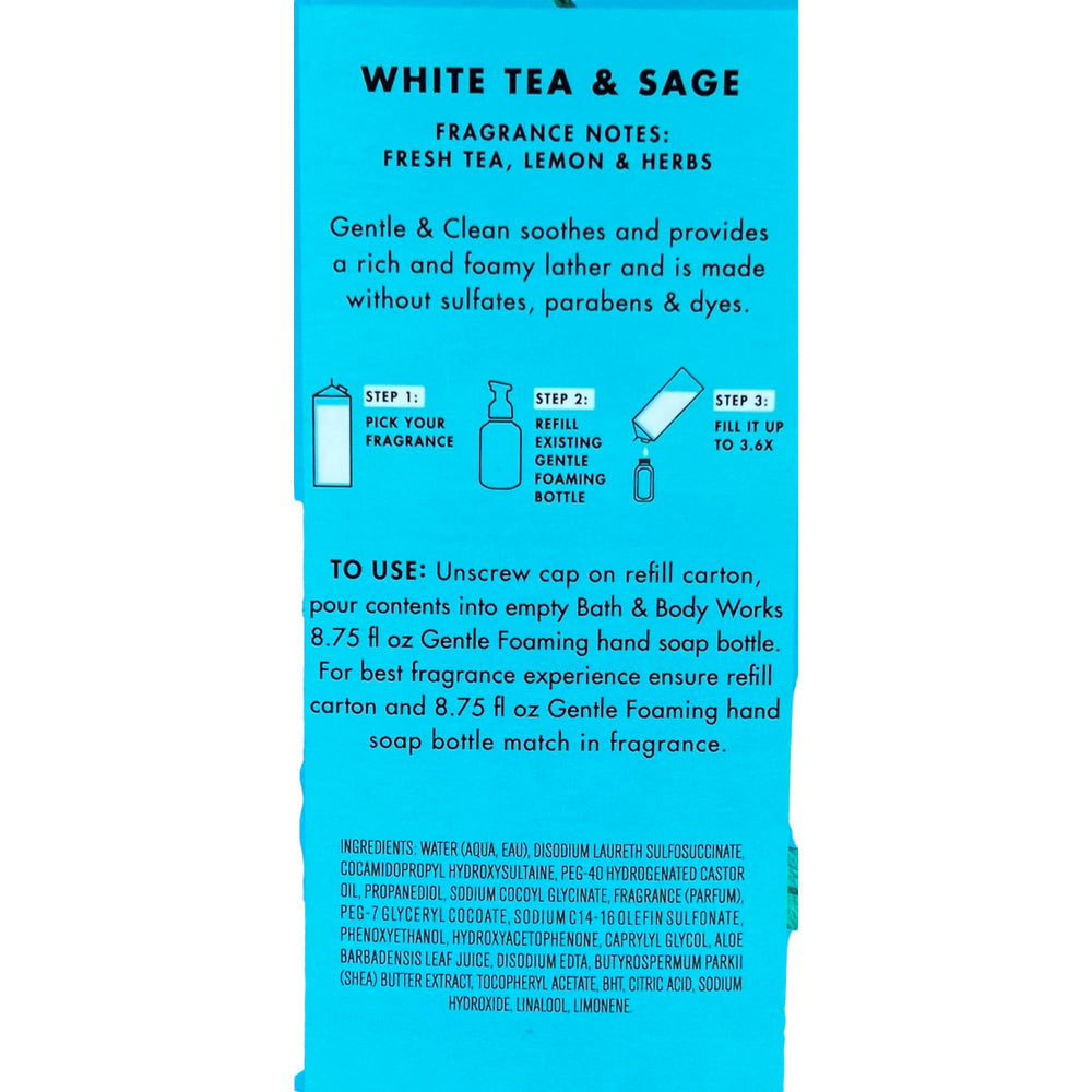 Bath & Body Works White Tea & Sage: etiqueta y empaque que destacan la fragancia fresca