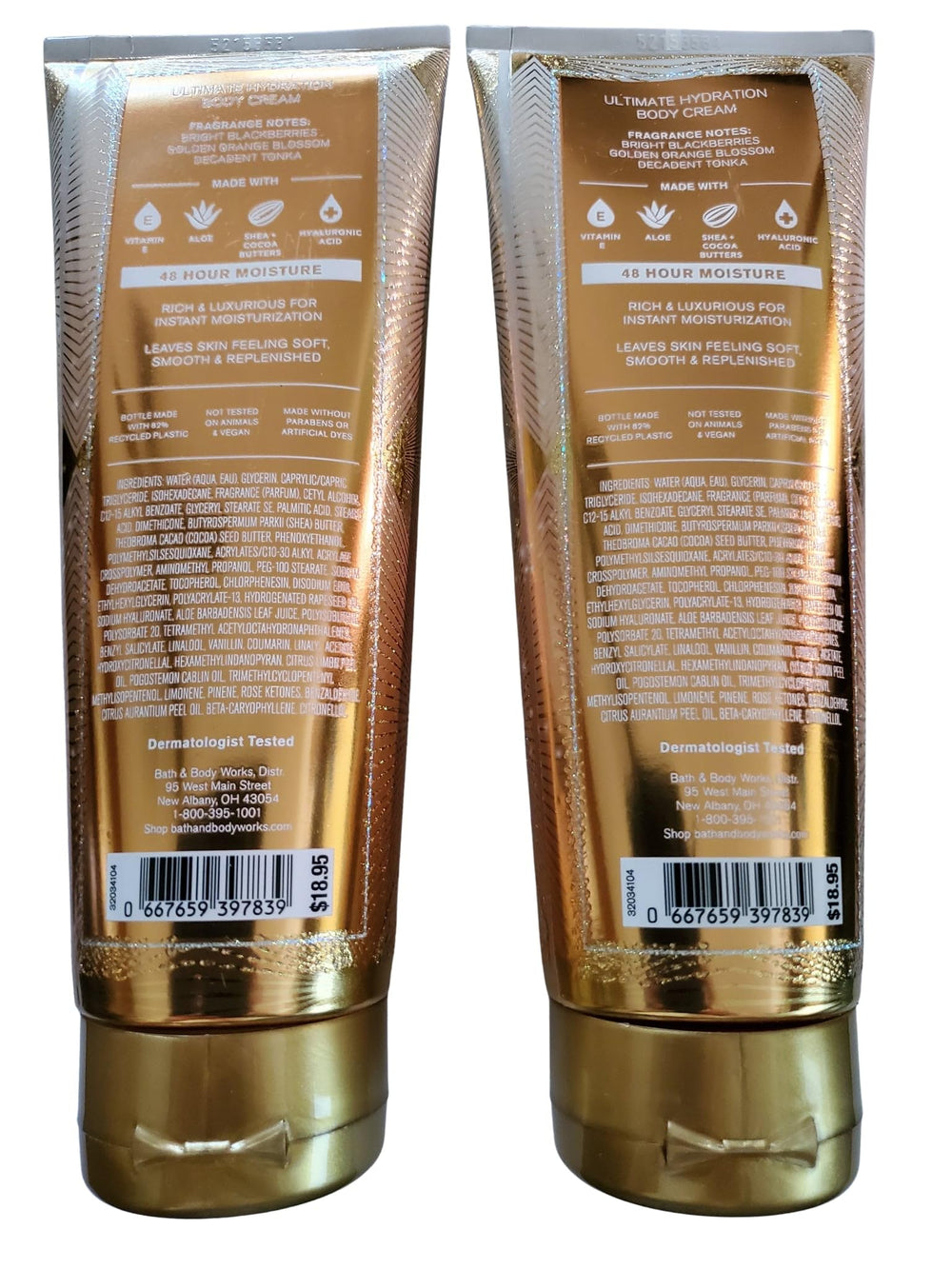 Bath & Body Works Toque de Oro crema corporal trasera del envase, notas frutales.