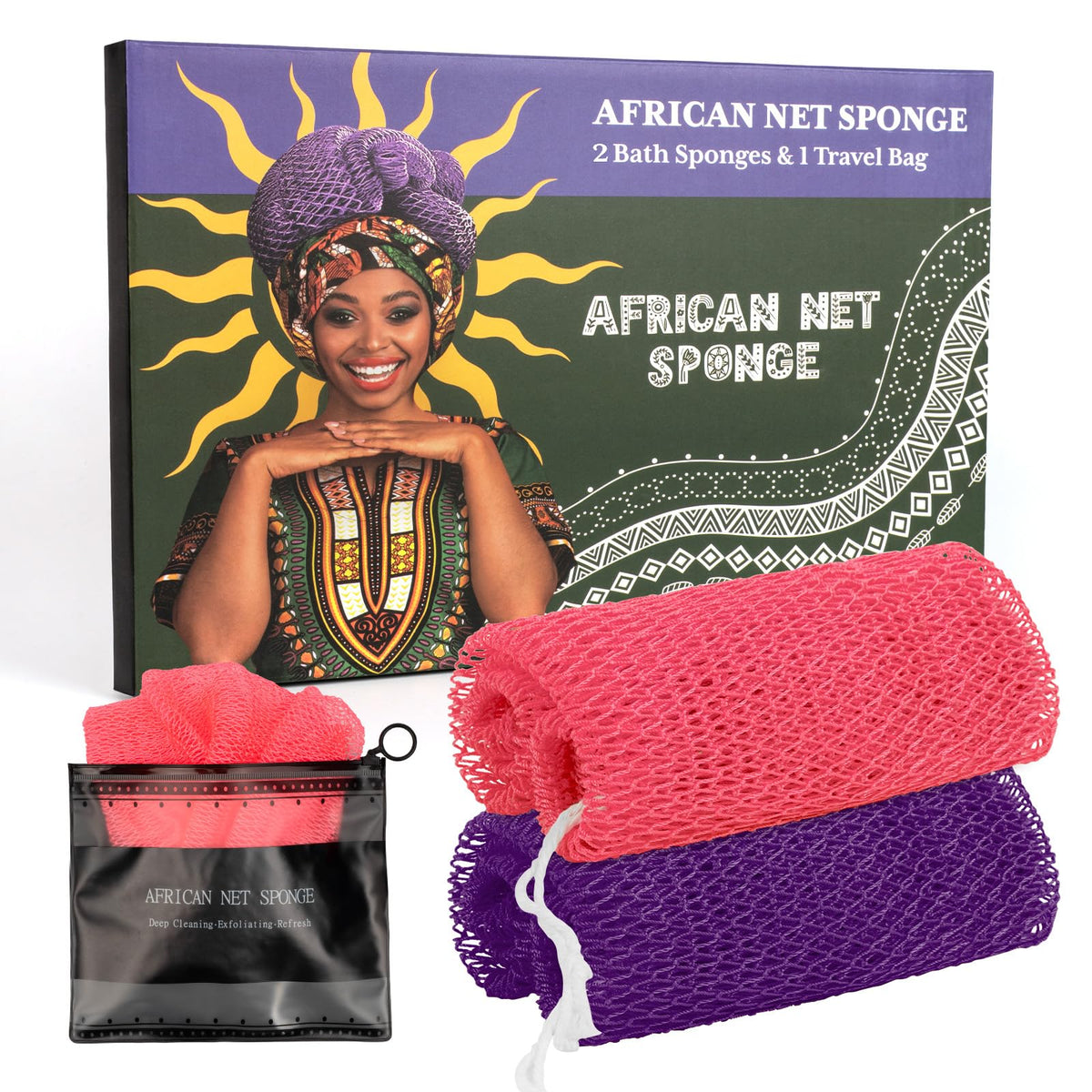 Esponja de red africana Bathway con asas, ideal para exfoliar suavemente y cubrir toda la espalda.