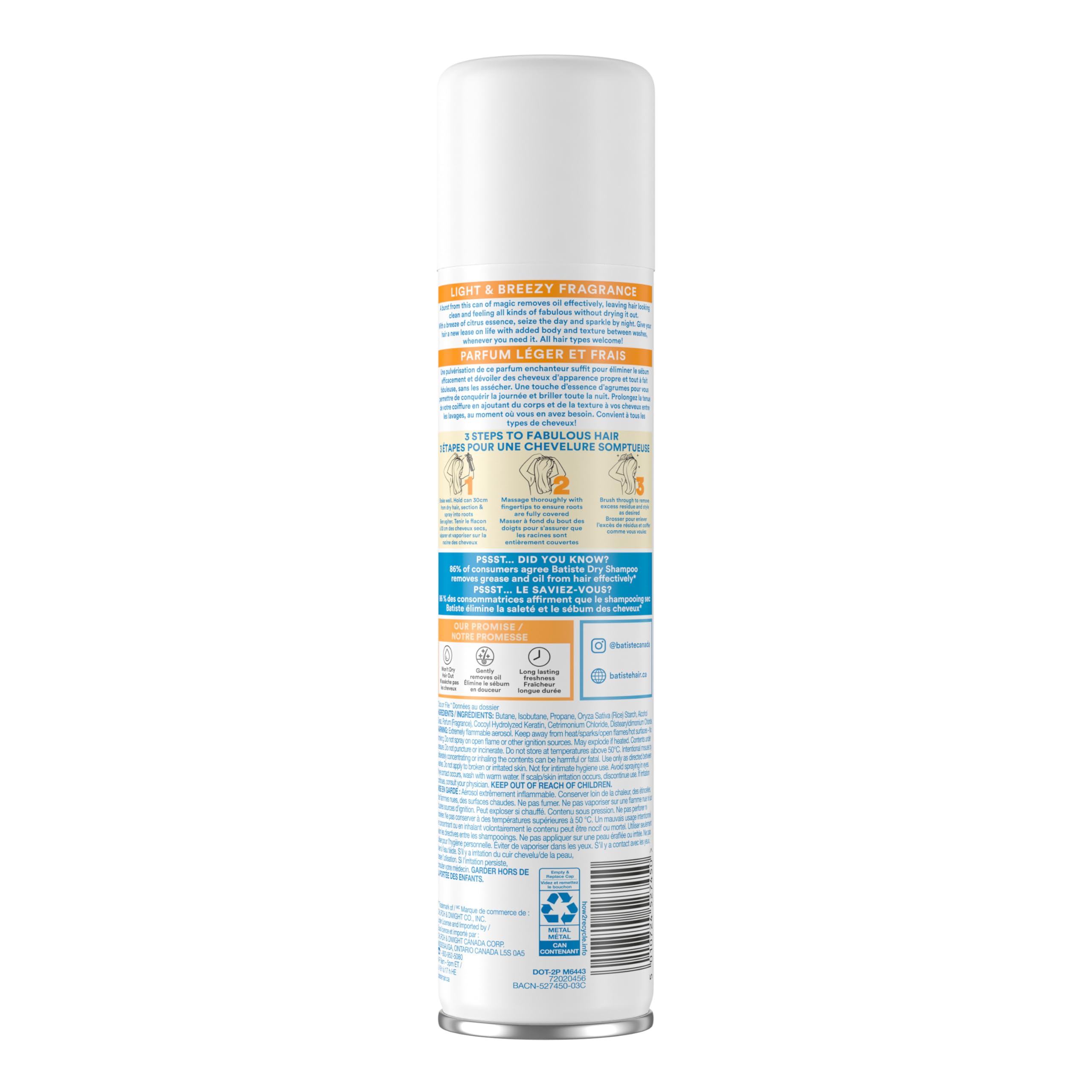 Batiste Champú Seco Fresco, resultado limpio entre lavados para peinados diarios.
