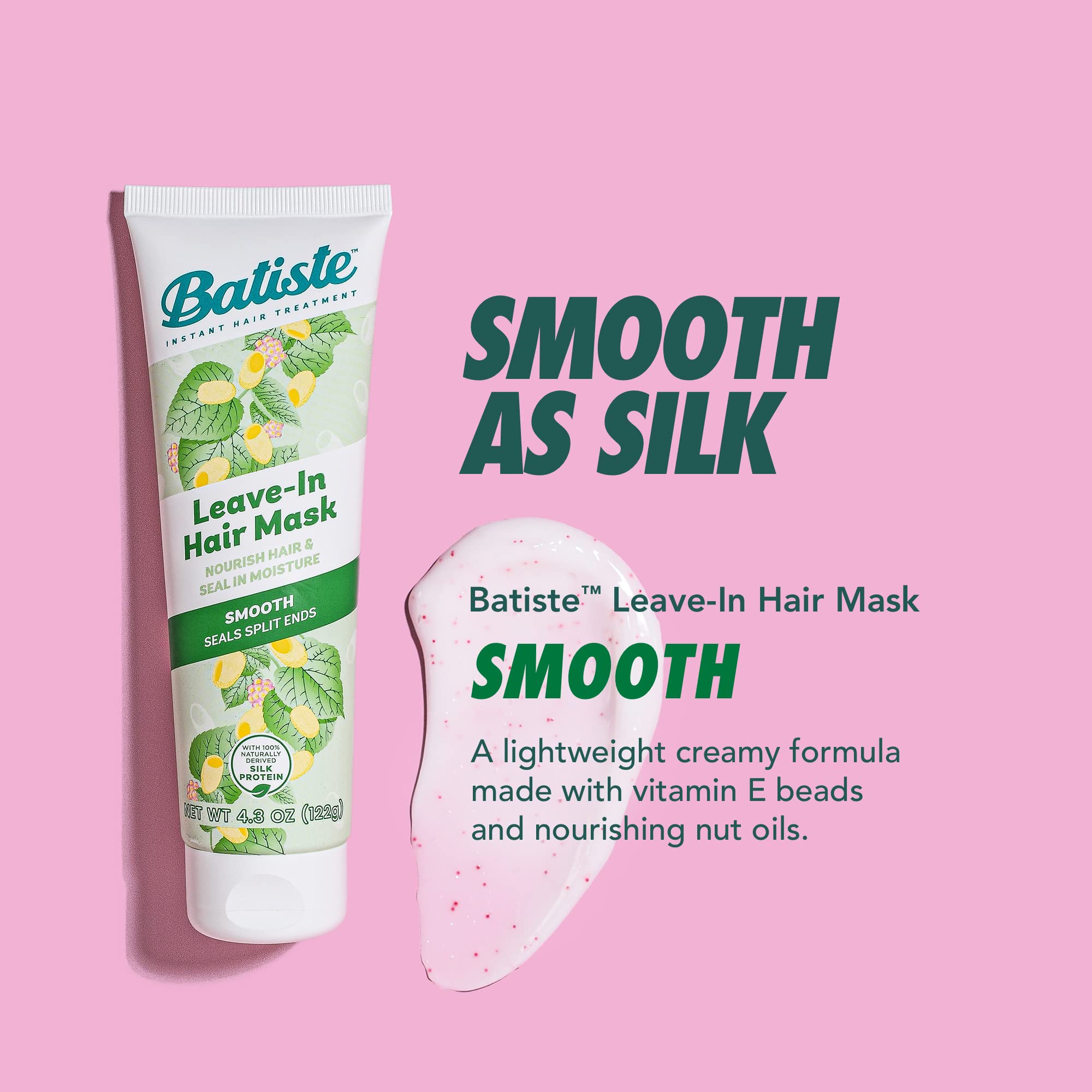 Batiste mascarilla sin enjuague; textura cremosa que nutre y sella la humedad.