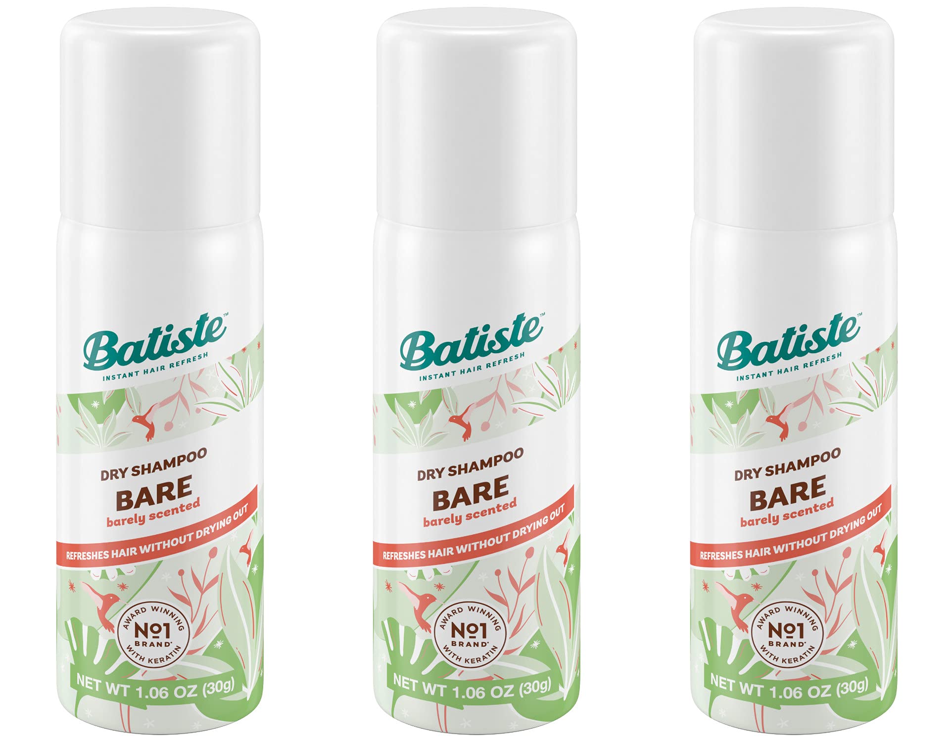 Batiste Dry Shampoo Bare Mini, lata con rociador, refresca entre lavados sin necesidad de agua.
