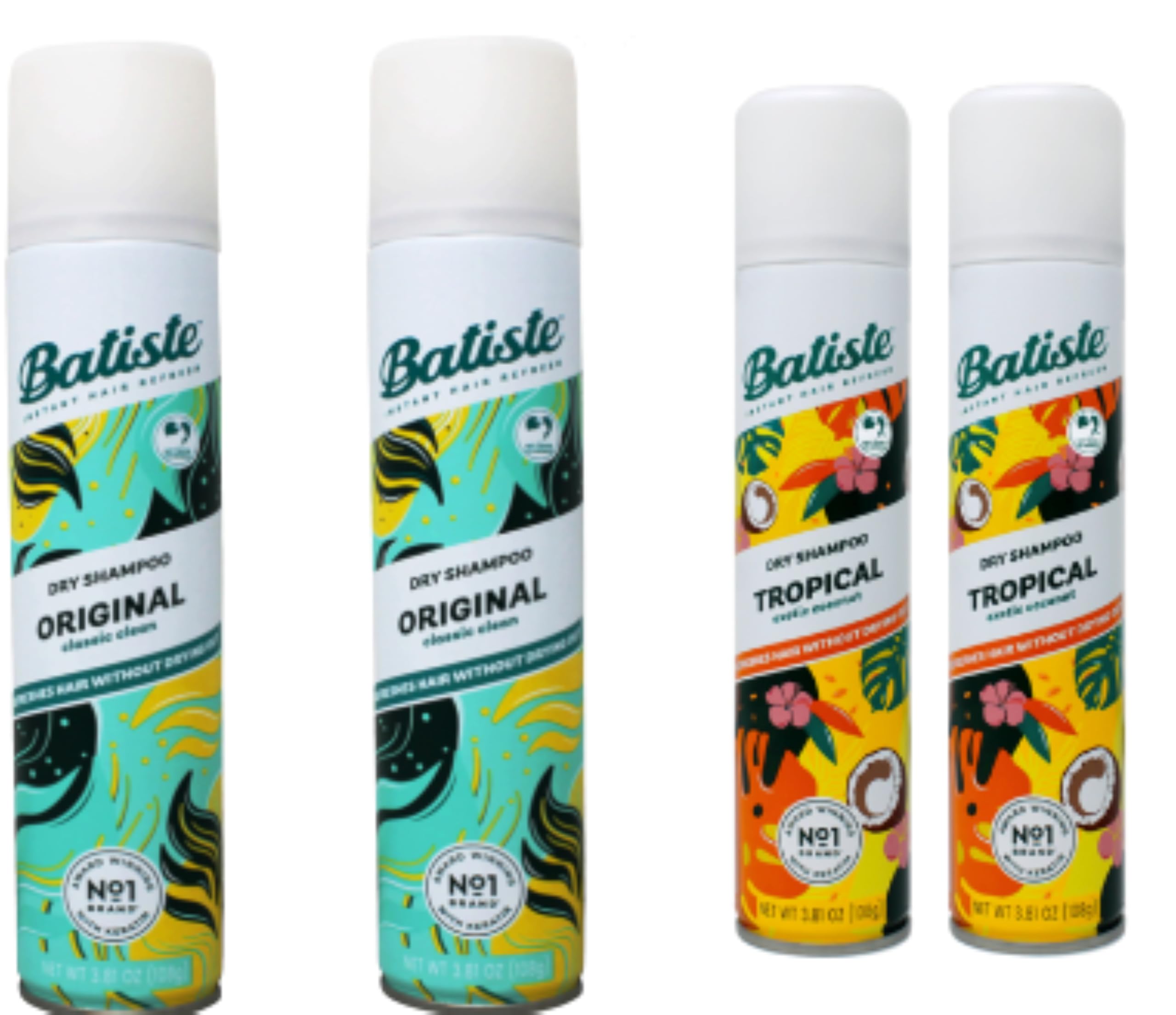 Batiste dry shampoo spray 4-pack bottle with Original, Classic, and Tropical scents for quick refresh.