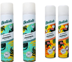 Batiste dry shampoo spray 4-pack bottle with Original, Classic, and Tropical scents for quick refresh.