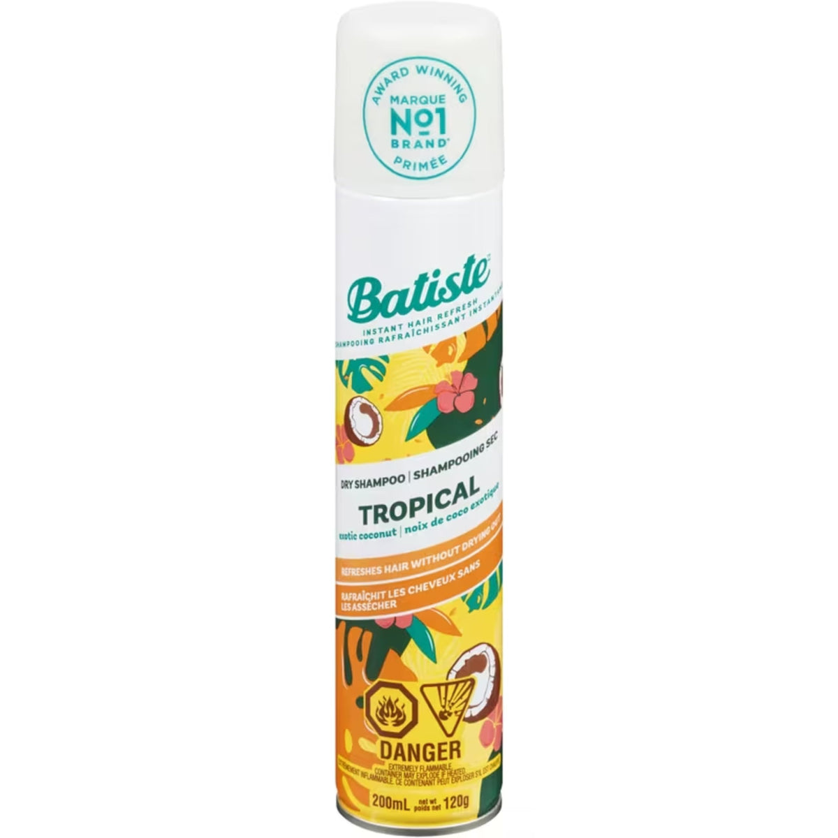 Batiste Tropical champú seco — botella para refrescar entre lavados sin agua.