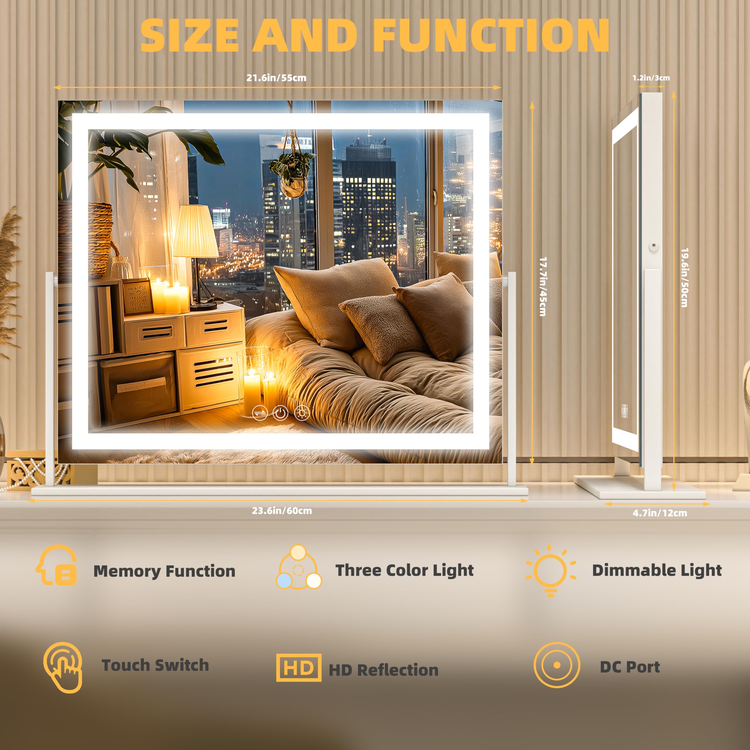 Control táctil con tres modos de iluminación para distintas rutinas.