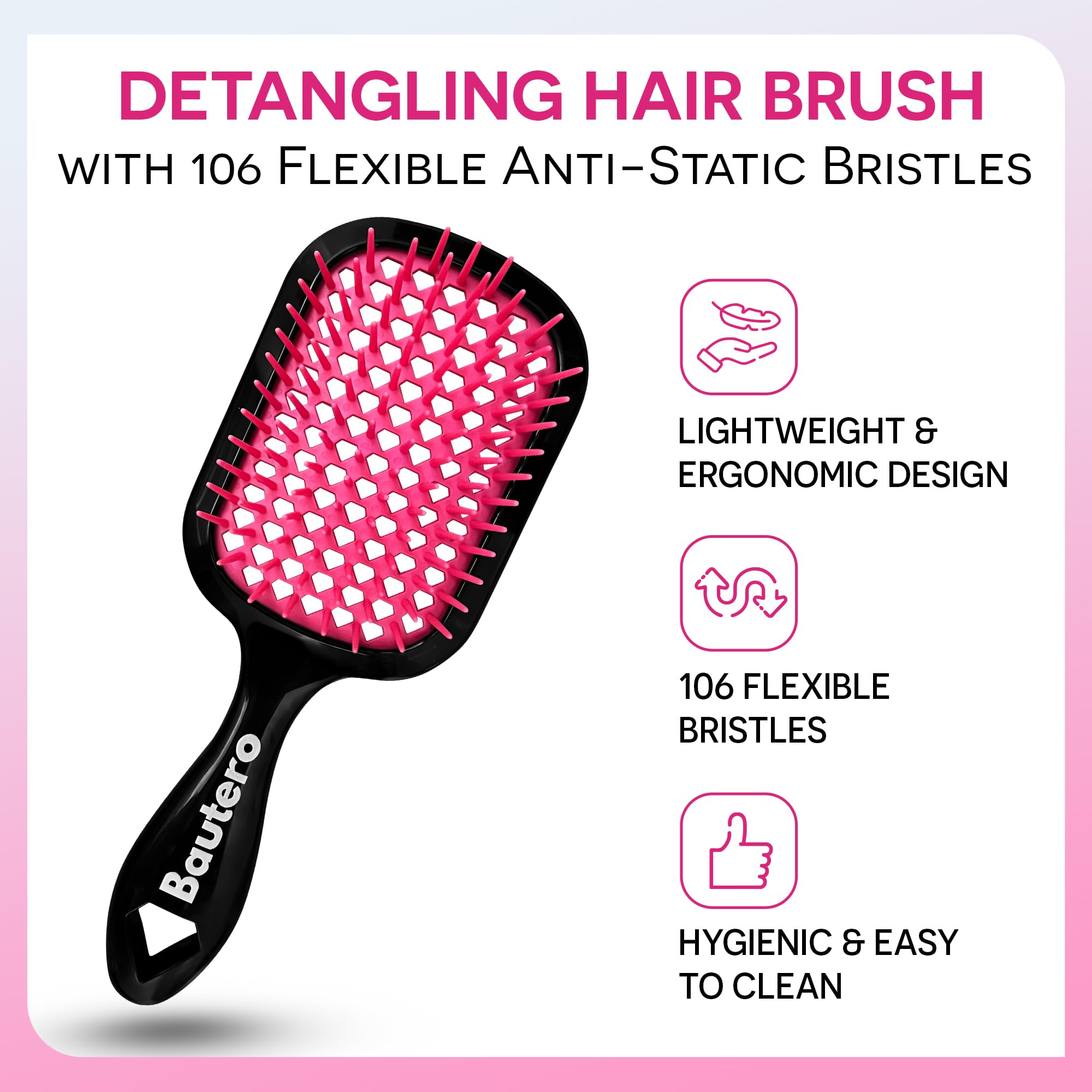 Bautero cepillo desenredador para cabello seco ofrece manejo cómodo y menos tirones.